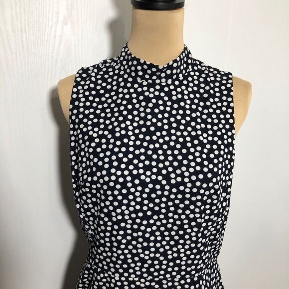BETSEY JOHNSON Dress Womens 12 Blue White Sleeveless Polka Dot Ruffled Mock Neck - Picture 3 of 14